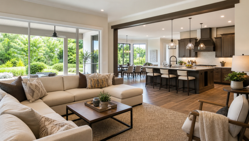 Spacious open floor plan after wall removal with lush landscaping